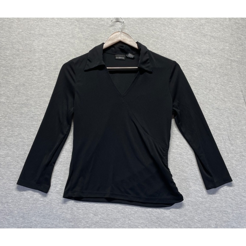 George Faux Wrap Top Womens S (4/6) Black Long Sleeve Everyday Gathering Detail